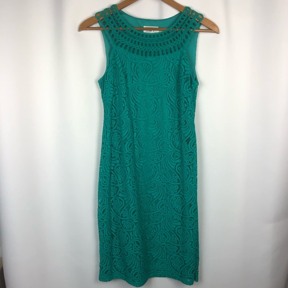 Eliza J High Neck Teal Lace Sleeveless Sheath Dress - Size 2 - Picture 3 of 13
